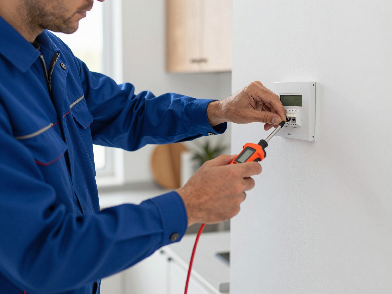 Electrician installing smart thermostat in residential kitchen
