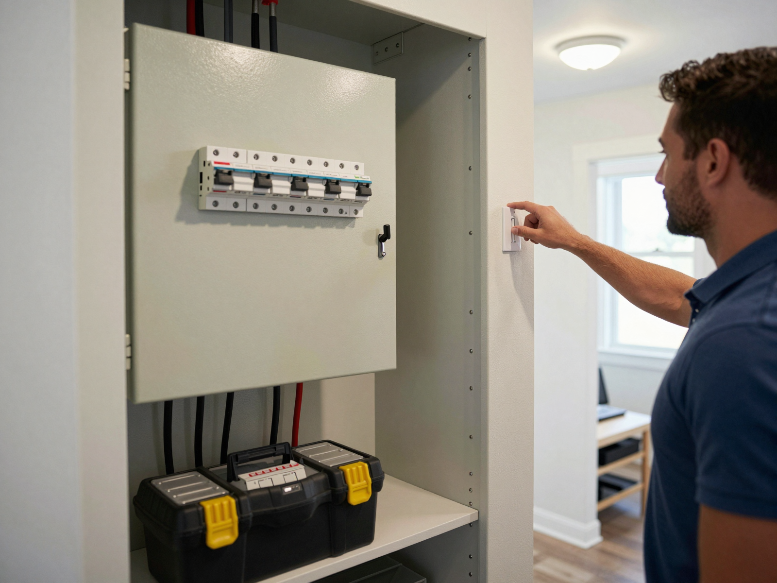 Completed residential electrical panel installation in utility closet